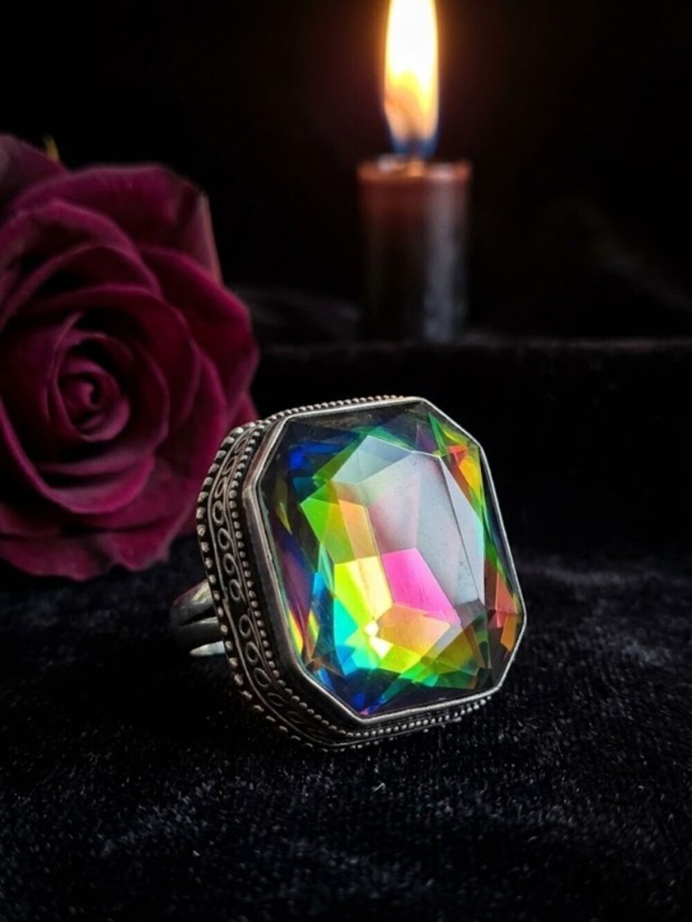 925 Sterling Silver Rainbow Crystal Statement Ring Size 9 Dark Romance Mob Wife